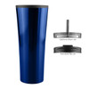 A stainless steel travel mug in a vibrant blue, featuring a standard flip lid and an optional straw lid.