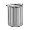 A stainless steel coffee mug with a transparent lid, showcasing a sleek, modern design.
