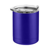 A blue coffee mug with a clear lid, featuring a sleek, modern design and a branding logo.