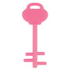 A pink mobile key stand shaped like a key, featuring a handle and a base with two prongs.