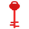 A red mobile key stand with a key shape and a handle on top, featuring three prongs at the base.