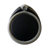 A black and grey phone stand with a round base and a unique design, featuring a logo.