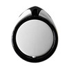 A phone stand in black and white, featuring a smooth, rounded design with a glossy finish and a small logo.