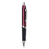 A metal pen in burgundy and silver, featuring a black grip and a logo on the body.