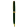 A green metal pen with gold accents and a clip, displaying a simple, elegant design.