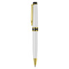 A metal pen in white with gold accents, featuring a clip and a black tip, displayed against a plain background.