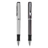 Two metal pens are displayed, one in silver with a black grip and the other in polished black, both featuring a logo.