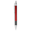 A metal pen in a glossy red finish with silver accents and a textured grip. It features a branding logo.