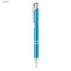 A light blue metal pen with a silver clip and trim details, featuring a branding logo.