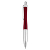 A metal pen with a sleek red body and silver accents, featuring a clip and a polished finish.