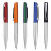 A collection of five metal pens in red, orange, green, blue, and black, featuring a silver body and clip.