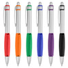A collection of metal pens in orange, green, blue, purple, and black with silver accents and branding.