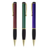 Three metal pens in red, green, and blue, each with a black grip and gold accents. The pens have a logo on them.