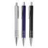 Three metal pens in silver, blue, and black, featuring chrome accents and a logo on each.