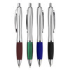 A selection of four metal pens in silver, with coloured grips in burgundy, green, blue, and black. Each pen has a clip.