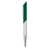 A green and silver metal pen featuring a sleek design and a branding logo.