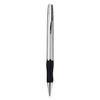 A metal pen in silver with a black grip, featuring a logo on the barrel.