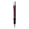 A metal pen with a burgundy and silver finish, featuring a black rubber grip and a logo on the barrel.