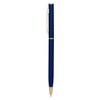 A metal pen in navy blue with gold accents, featuring a clip and a subtle branding logo.