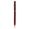 A metal pen in deep red with gold accents and a clasp, featuring a logo on the barrel.