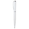 A white metal pen with a sleek design and silver accents, featuring a clip and a branding logo.