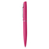 A metal pen in a vibrant pink colour with a silver clip and branding.