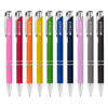 A collection of metal pens in pink, red, orange, green, blue, dark blue, black, and grey, featuring rubberised grips and branding.