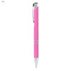 A pink rubberised metal pen with chrome accents and a branding logo.
