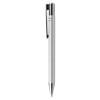 A metal pen in a sleek silver finish with a clip and a polished tip. It features a branding logo.
