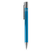 A blue metal pen with a shiny silver clip and decorative rings near the top. It has a sleek, polished finish.