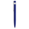 A blue metal pen with a shiny silver clip and tip, featuring a minimalist design and a branded logo.