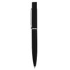A metal pen in sleek black, featuring a silver clip and accents, with a smooth barrel design.