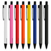 A range of sleek metal pens in white, pink, red, orange, yellow, grey, and black, featuring a clip design and brand logo.