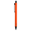An orange metal pen with a black clip and tip, featuring a sleek and modern design.