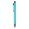A metal pen in vibrant turquoise with a black clip and tip, featuring branding on the side.