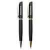 Two metal pens in black, one with a silver clip and the other with a gold clip, featuring branding.