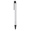 A metal pen in silver with a black tip and clip, featuring a simple, sleek design and a logo.