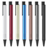 A set of eight metal pens in silver, red, gold, blue, rose gold, grey, and black, featuring a clip and a textured grip.