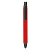A metal pen in vibrant red with a black clip and tip, featuring a logo on the body.