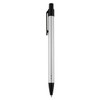A metal pen in silver with a black grip and clip, featuring a logo on the barrel.