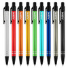 A collection of metal pens in silver, red, orange, green, blue, and gold, featuring a logo on each pen.