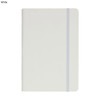 A5 PU notebook in white with an elastic closure and a smooth cover, featuring a logo.