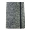 A grey felt notebook with a black elastic band, featuring a simple design and a logo on the cover.