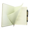 A cotton notebook with a beige cover, featuring lined pages and a black pen attached.