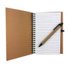 A cork notebook with a spiral binding and lined pages, accompanied by a brown pen. The cover is a natural cork colour.
