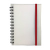 A spiral-bound notebook with a transparent cover and a red elastic band. Contains blank pages.