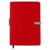 A red notebook with a clasp closure and a bookmark ribbon. The notebook features a logo on the front.
