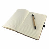 An open notebook with lined pages and a black pen resting on the right side. The cover is brown and features a branding logo.