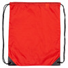 A red nylon backsack with black corners and drawstrings, featuring a simple design and no visible logos.