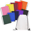 A collection of drawstring bags in various colours including pink, yellow, green, blue, black, and white, featuring logos.